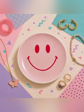Smiley Face Trinket Dish 4” Pink Retro